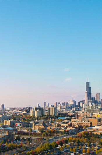 Vertical shot of Chicago Skyline views from Eden Commons at Eden Commons, Chicago